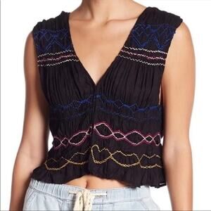 Free People | Black Love Dove Colorful Embroidered Smocked Cropped Tank Top
